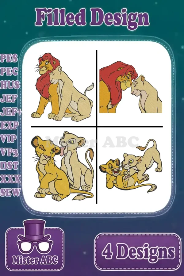 Four vibrant Lion King filled embroidery designs featuring Simba and Nala in various poses, with supported file formats listed.