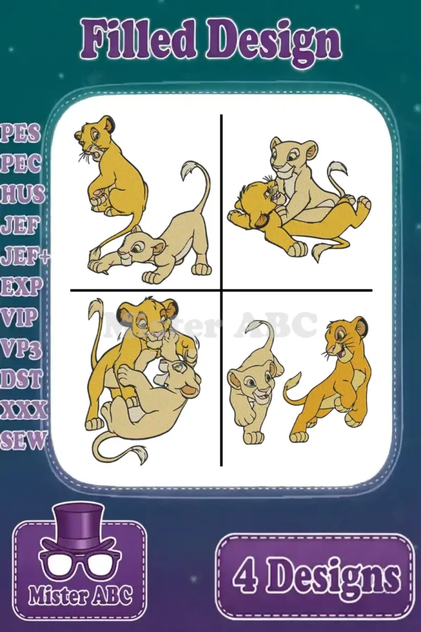 Four charming filled embroidery designs featuring young Simba and Nala in playful poses, showcasing various file formats.