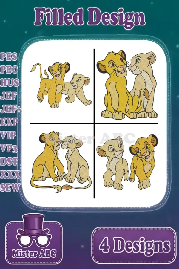 Four charming filled embroidery designs of young Simba and Nala, showcasing various poses for creative projects.