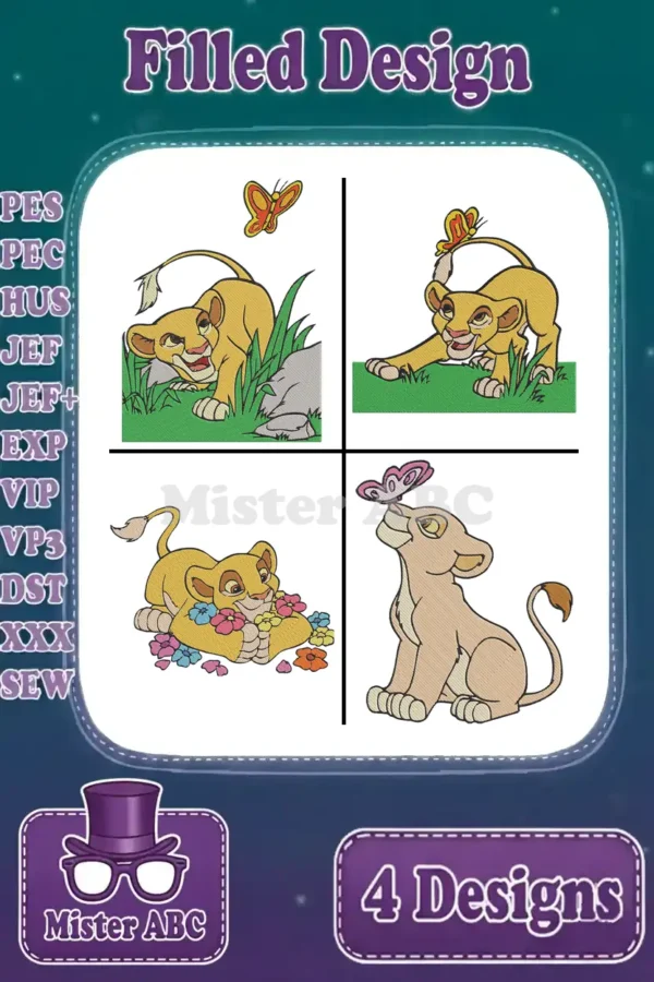 A vibrant collage showcasing four filled embroidery designs of young Nala, featuring playful poses with butterflies and foliage.