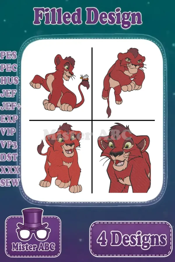 A vibrant collection of four filled machine embroidery designs featuring a red-furred lion cub, showcasing diverse poses including one with a bee, all ready for various formats.