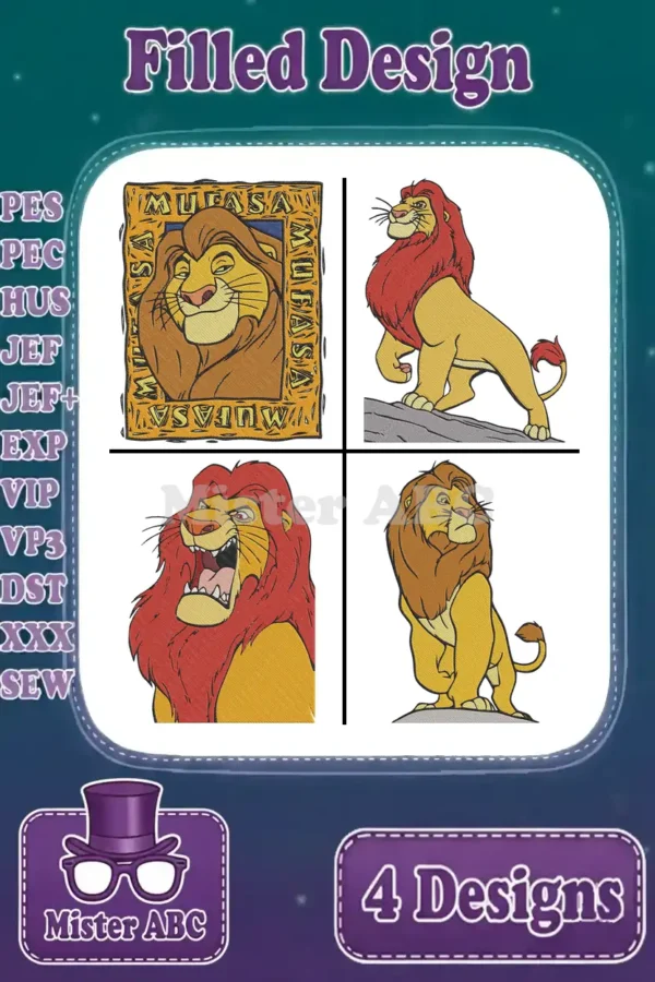 Four vibrant Mufasa filled embroidery designs, showcasing the regal lion in various poses. Includes supported file types.
