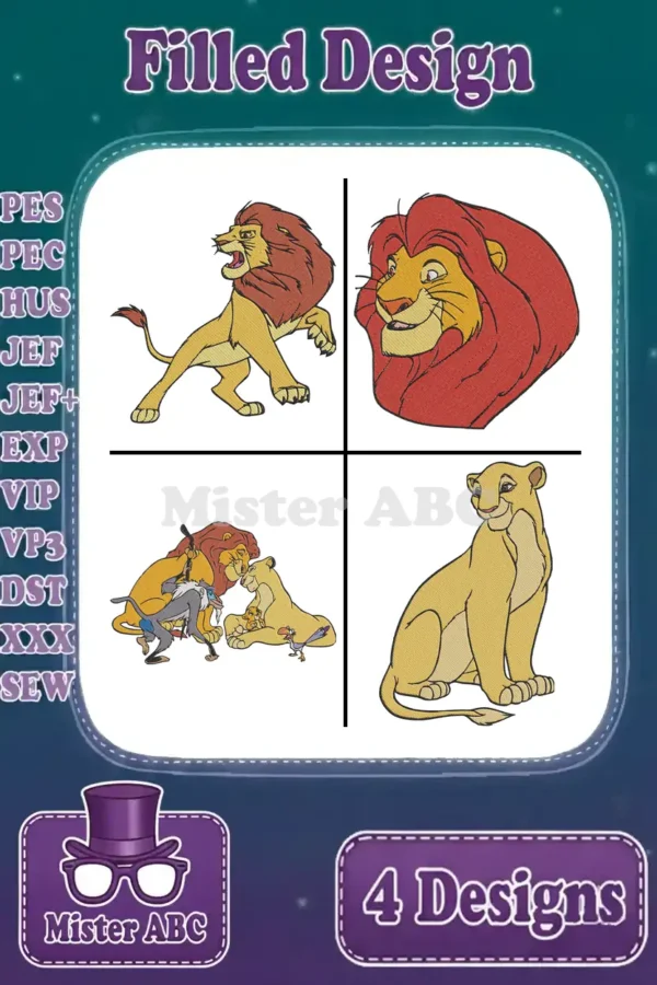 Main product image showing four distinct filled embroidery designs featuring Mufasa and other adult lions from The Lion King.