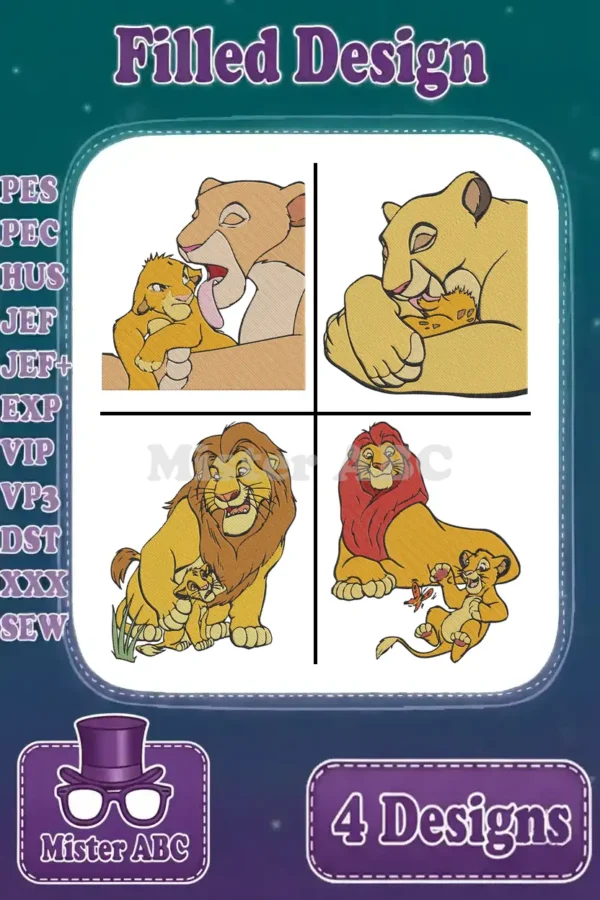 A vibrant collage of four distinct Lion King embroidery designs featuring Simba, Nala, and Mufasa.