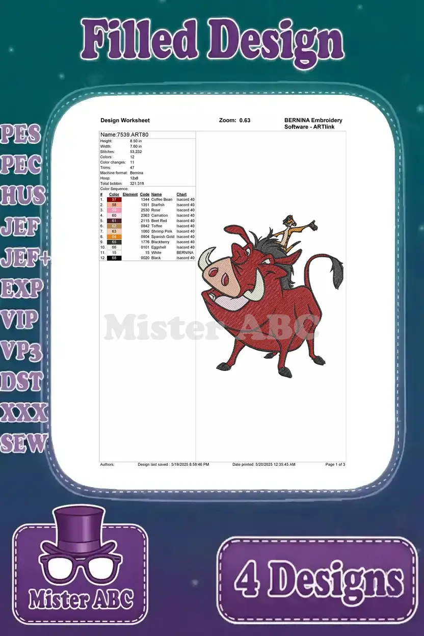 Detailed design worksheet for Pumbaa and Timon embroidery, showing stitch count, colors, and sequence.
