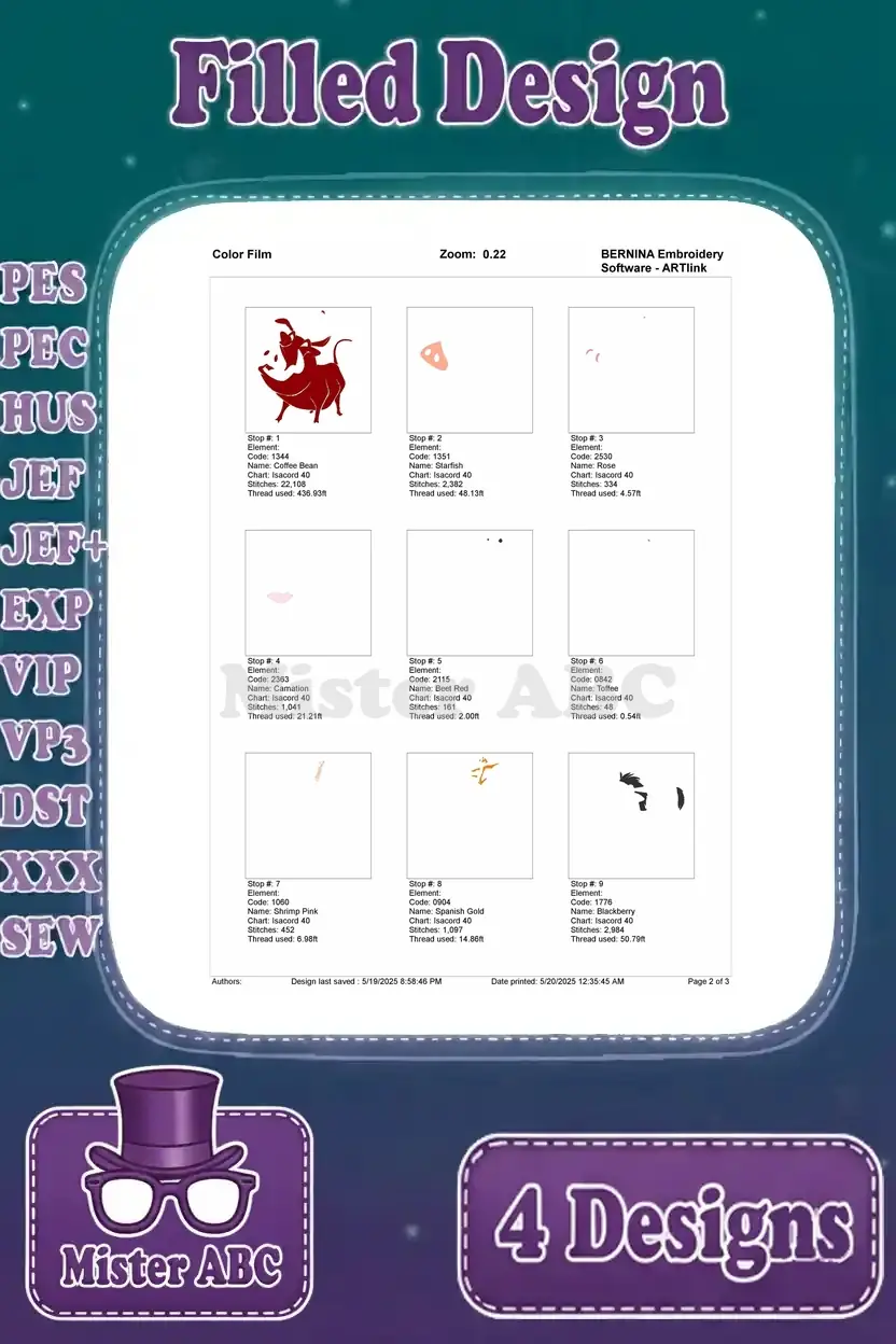 First page of the color film for Pumbaa and Timon embroidery design, showing initial stitch layers.