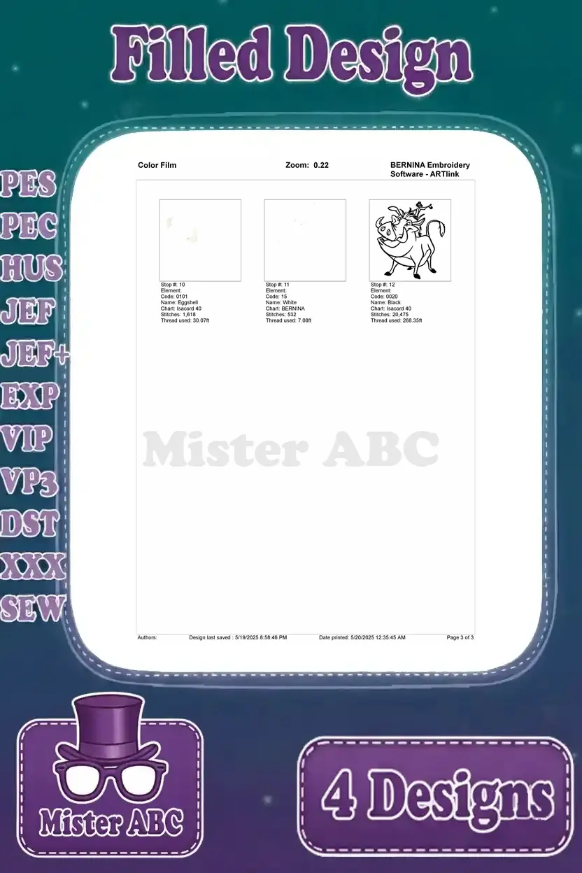 Second page of the color film for Pumbaa and Timon embroidery, showing subsequent stitch layers.