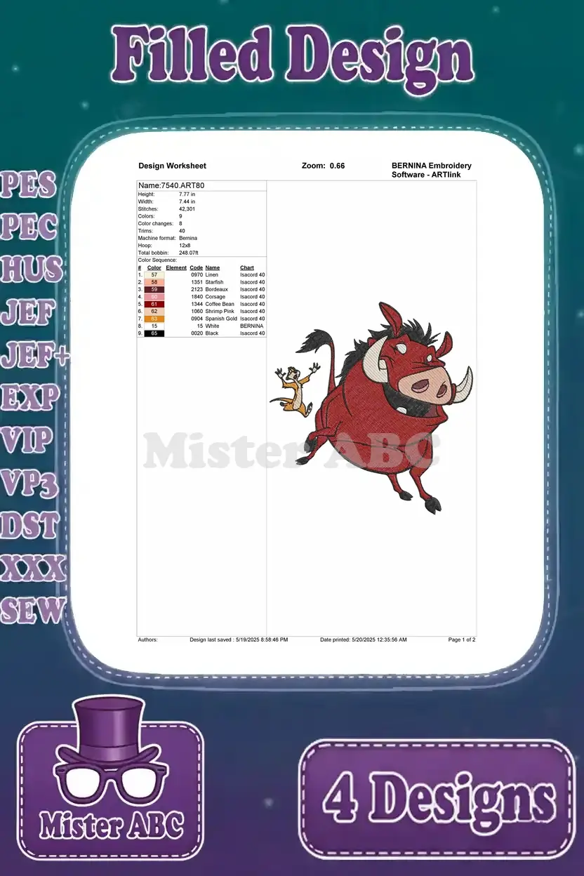 Design worksheet for the second Pumbaa and Timon running pose, detailing stitch information and colors.
