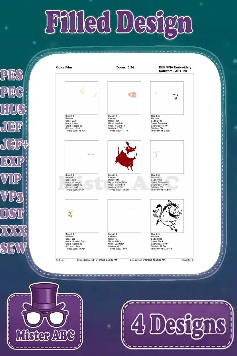 Color film for the second Pumbaa and Timon embroidery design, demonstrating color layering sequence.