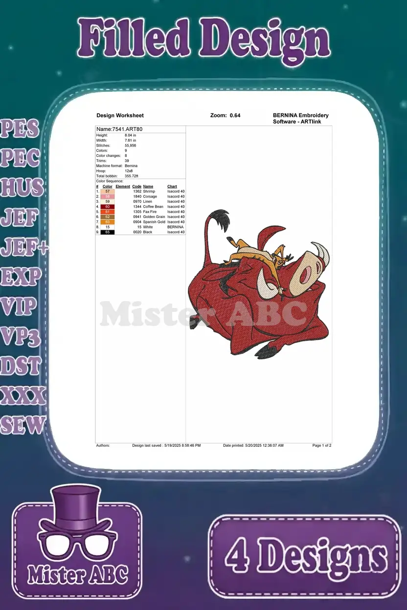 Design worksheet for the third Pumbaa and Timon lying down design, showing stitch counts and colors.