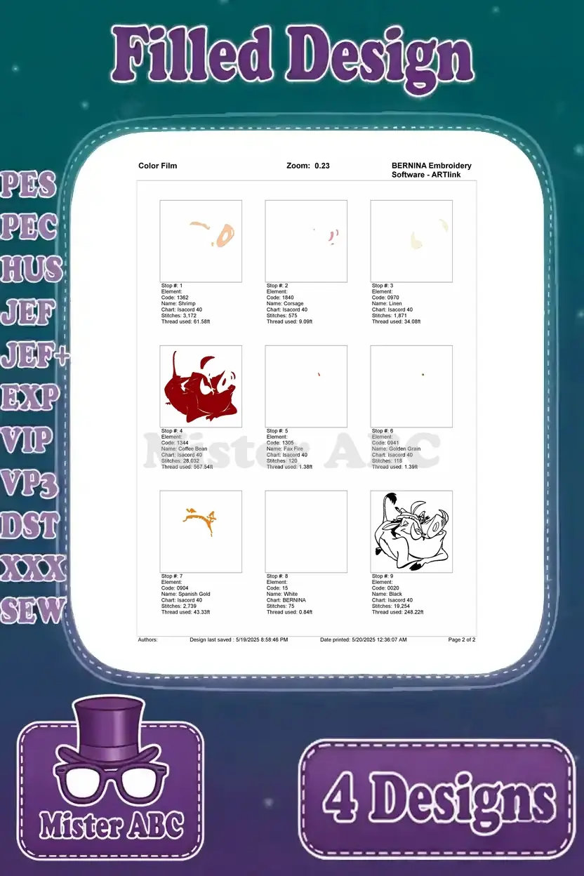 Color film for the third Pumbaa and Timon embroidery design, detailing the thread color application.