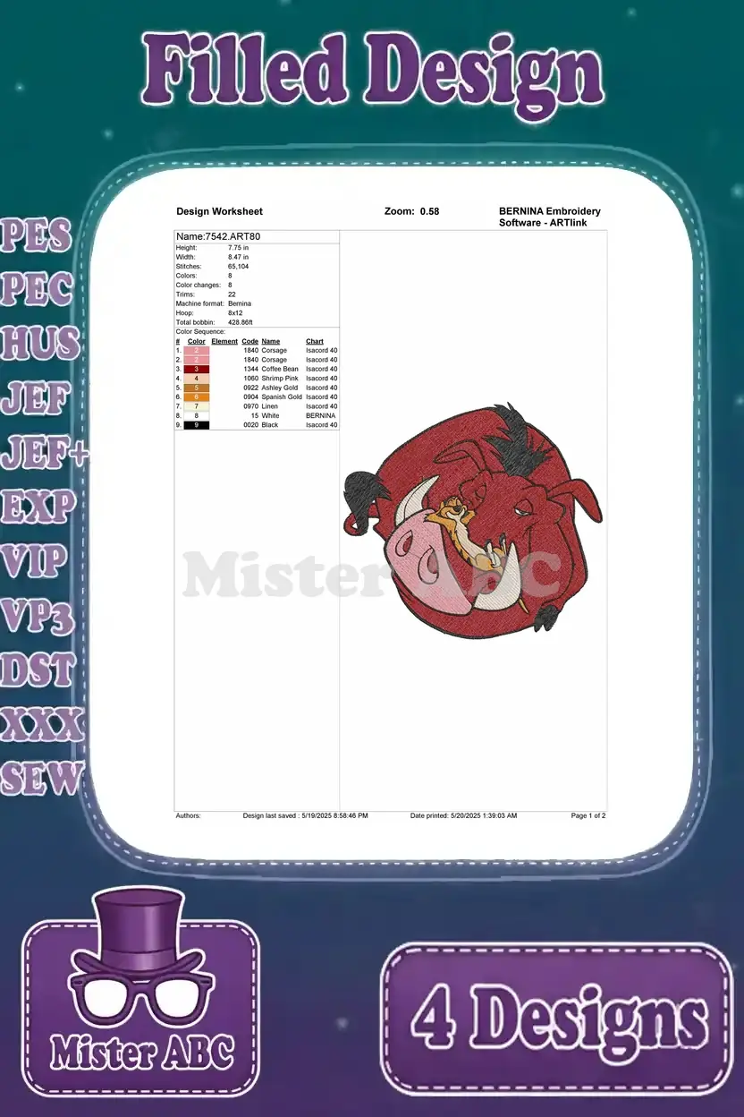 Design worksheet for the fourth Pumbaa and Timon headshot, detailing stitch specifics and colors.