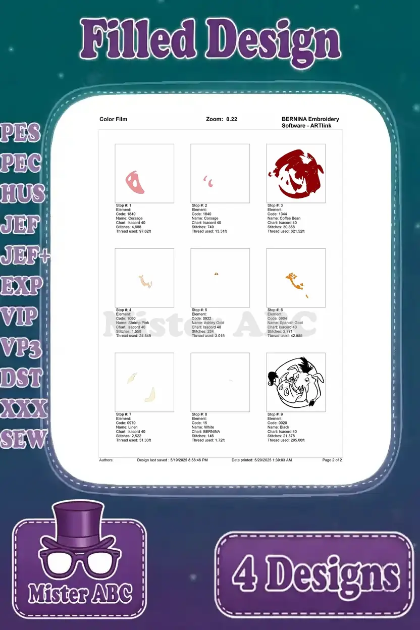 Color film for the fourth Pumbaa and Timon embroidery design, showing the precise stitch sequence.