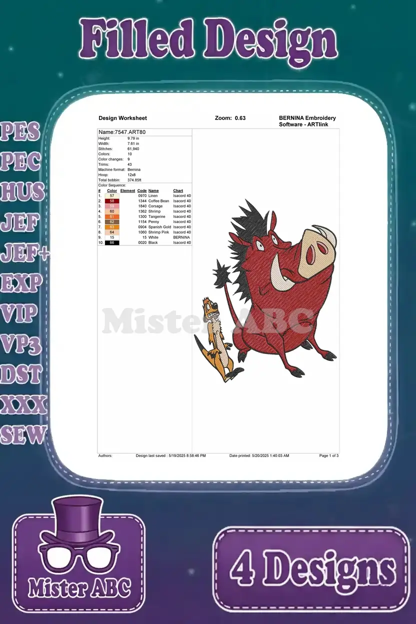 Detailed design worksheet for one Timon and Pumbaa embroidery design, showing stitches and color information.