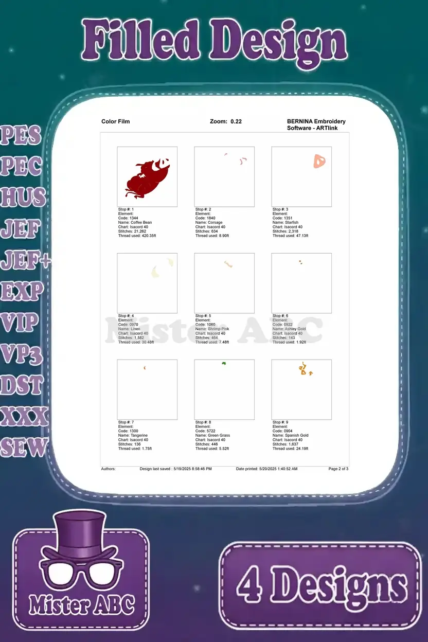 Color film (part 1) for the first Pumbaa and Timon filled embroidery design, showing initial color stops and stitch progression.