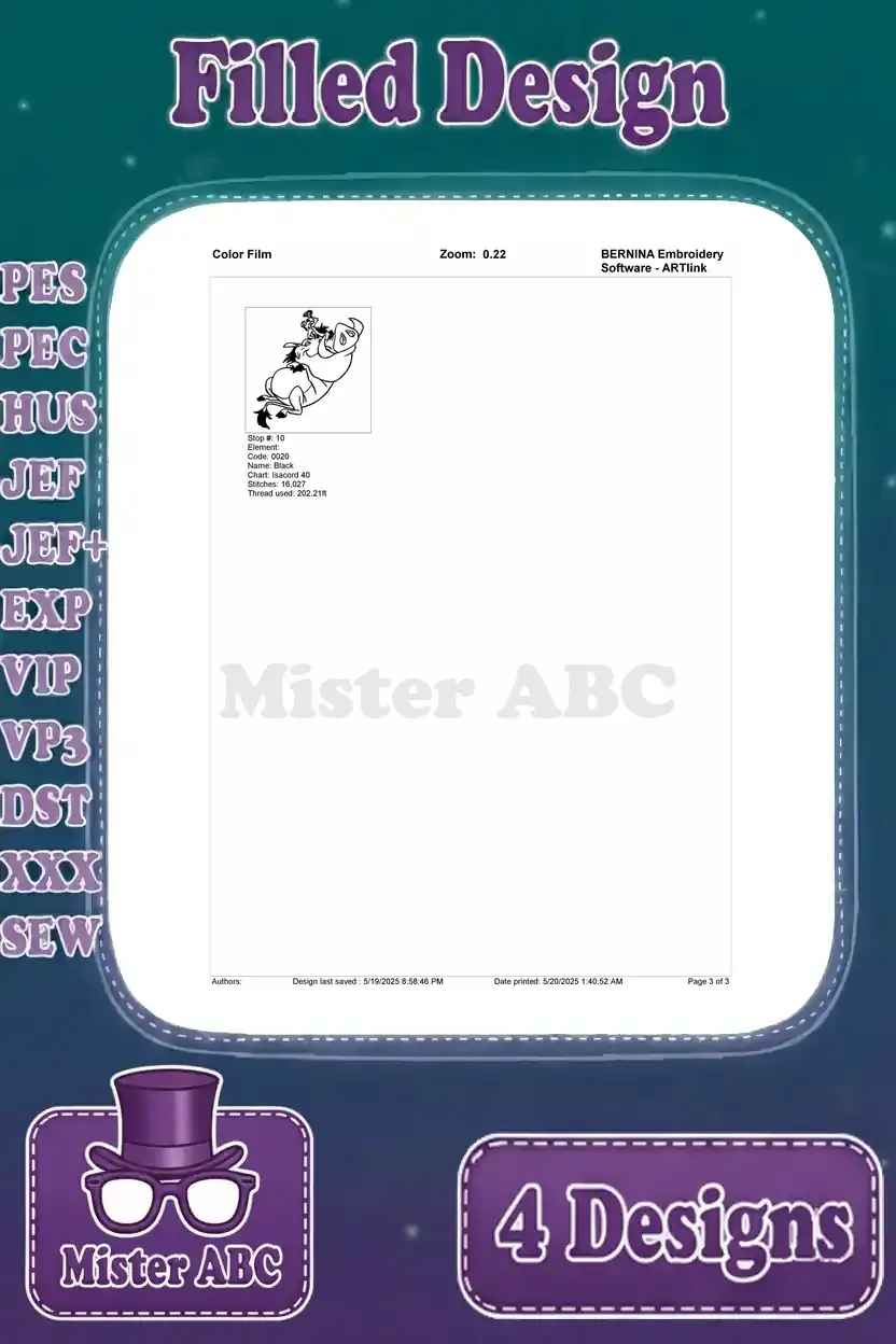 Color film (part 2) for the first Pumbaa and Timon filled embroidery design, showing remaining color stops and thread details.