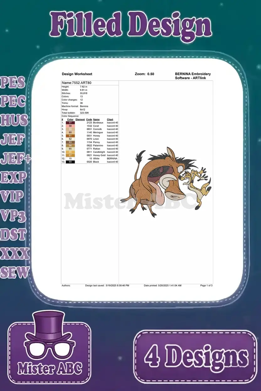 Detailed design worksheet for the second Pumbaa and Timon filled embroidery, showing stitch count, colors, and thread info.