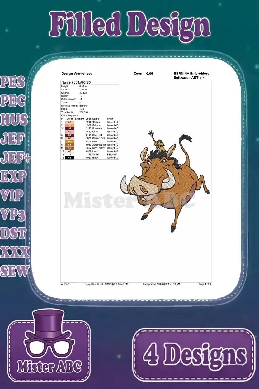 Detailed design worksheet for the third Pumbaa and Timon filled embroidery, showing stitch count, colors, and thread info.