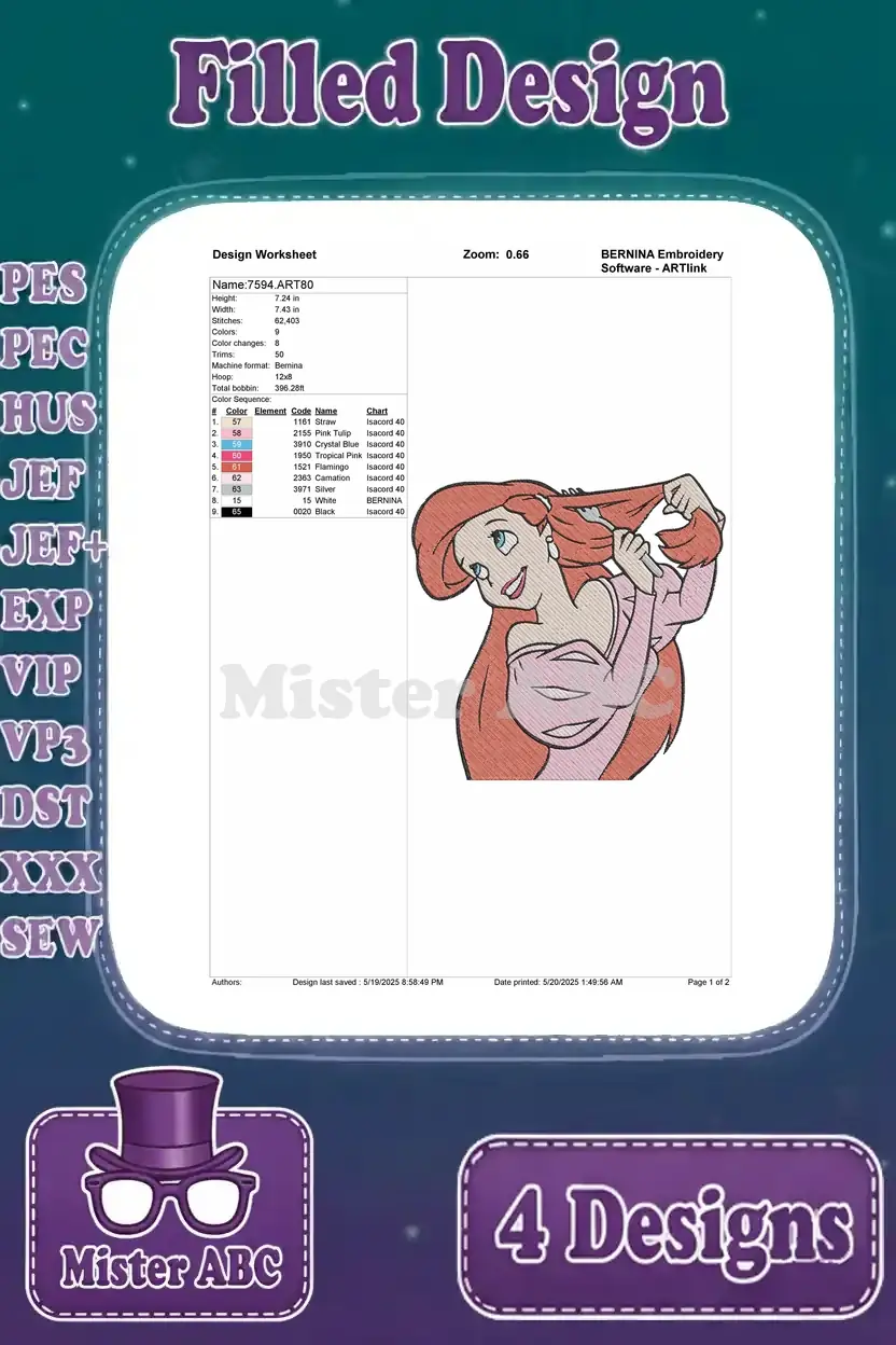 Detailed embroidery design worksheet for an Ariel design, showing stitch count, colors, and thread sequence.