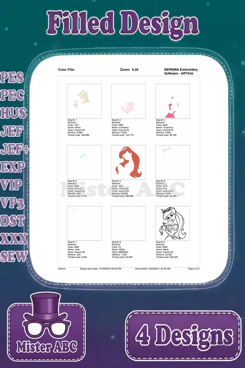 Color film breakdown showcasing the exact stitching progression for the fourth Ariel embroidery design.