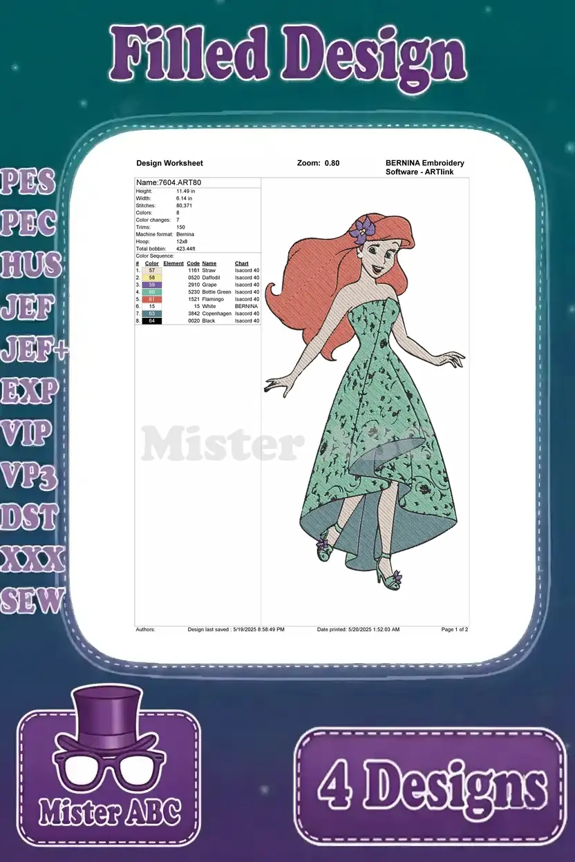 Embroidery design worksheet for Ariel in a flowing green dress, displaying stitch count and color details clearly.
