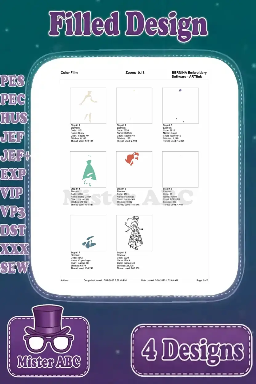 Color film for Ariel in green dress embroidery design, showing the precise order of thread applications and stops.