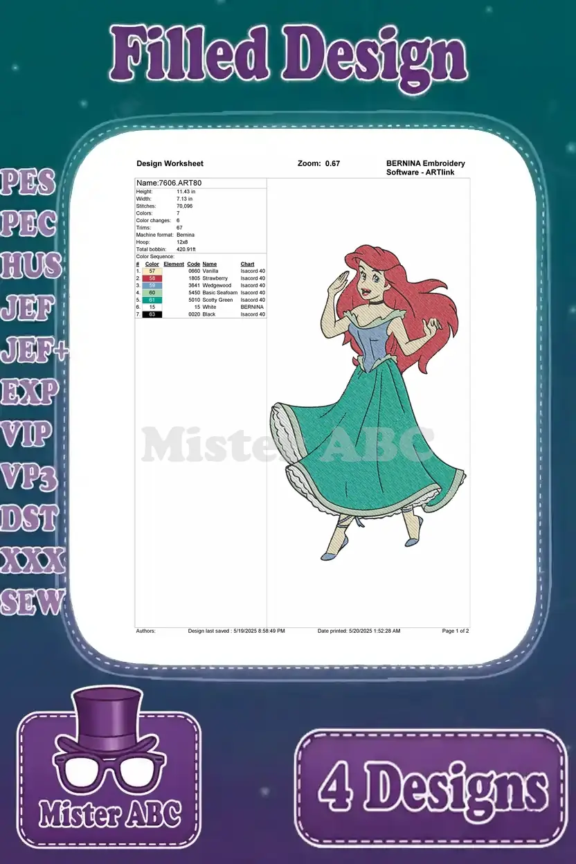 Detailed design worksheet for Ariel in a green dress, showing stitch count, color sequence, and essential embroidery data.