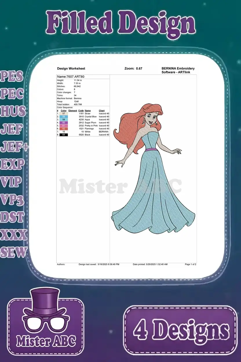 Detailed design worksheet for Ariel in a light blue gown, displaying stitch count, color specifications, and dimensions.