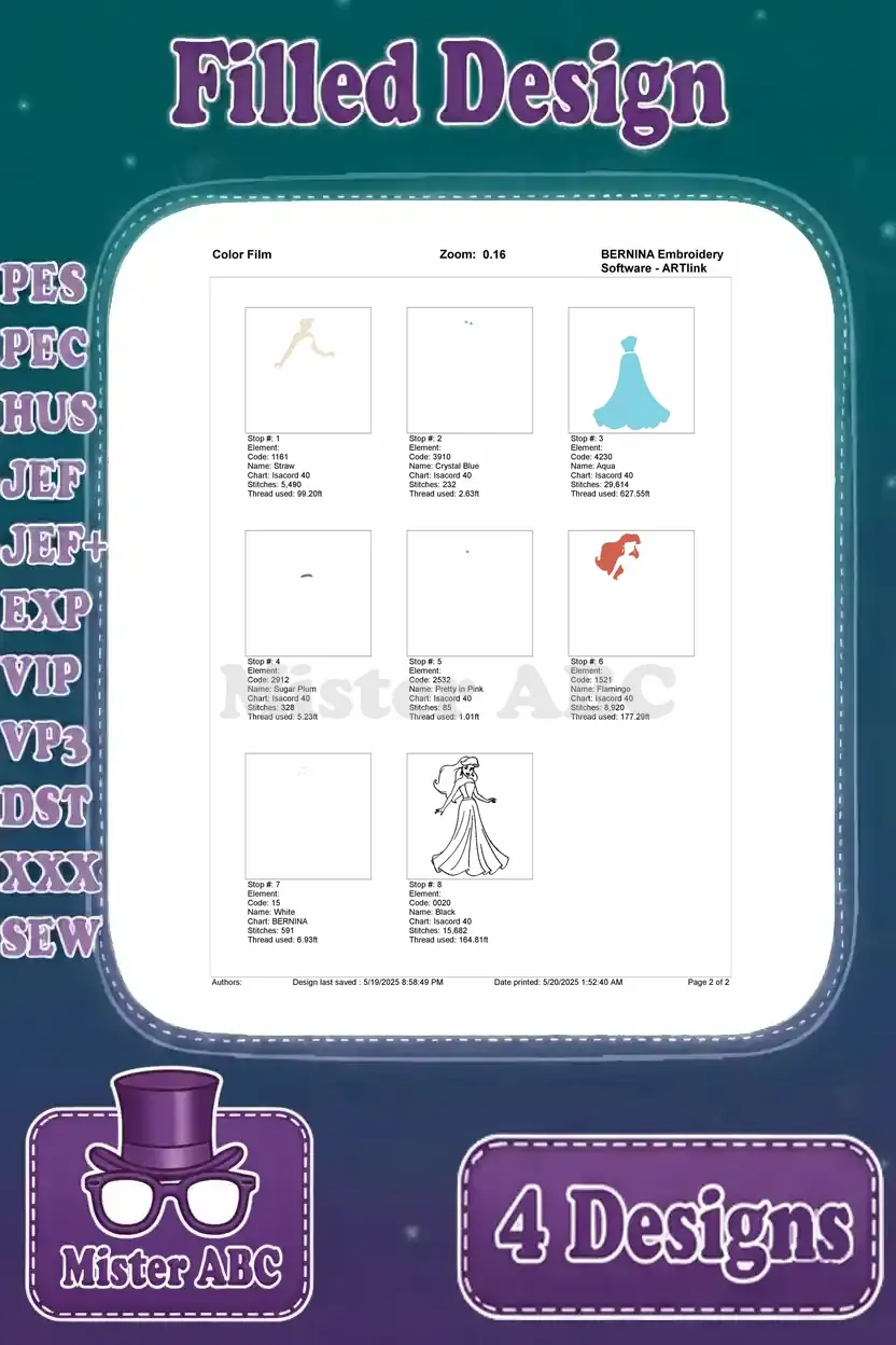 Color film breakdown for the Ariel light blue gown design, detailing each thread color's application and order.