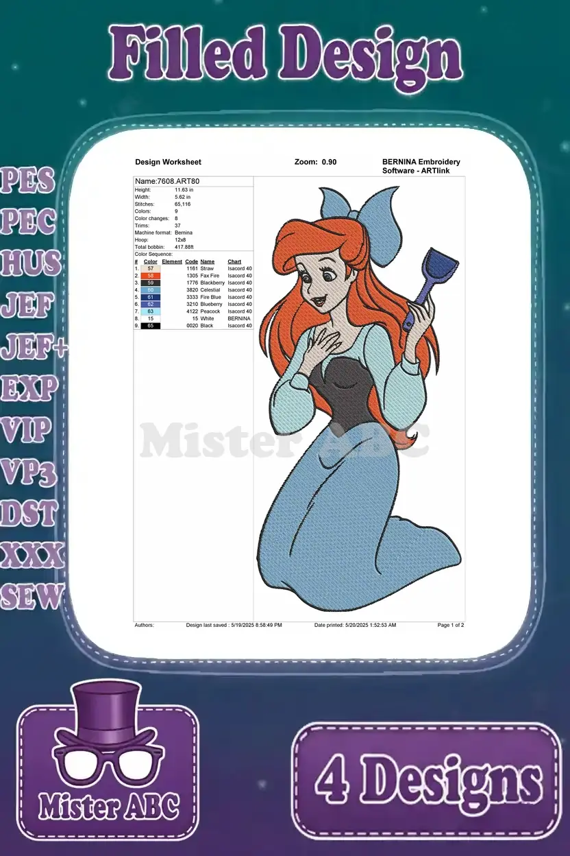 Detailed design worksheet for kneeling Ariel with dinglehopper, showing stitch data, color specifics, and dimensions.
