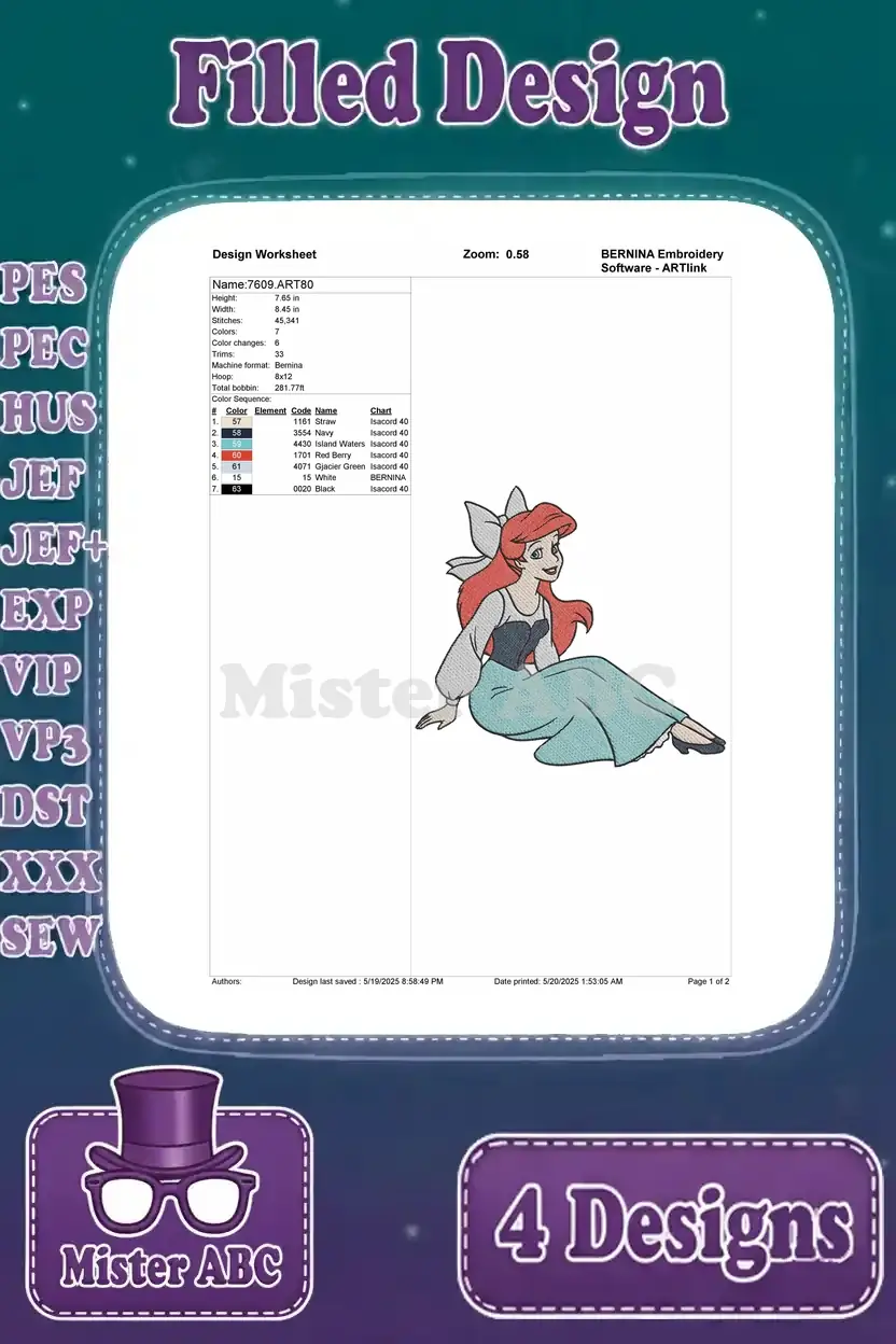 Detailed design worksheet for sitting Ariel, outlining stitch count, color information, and design measurements.