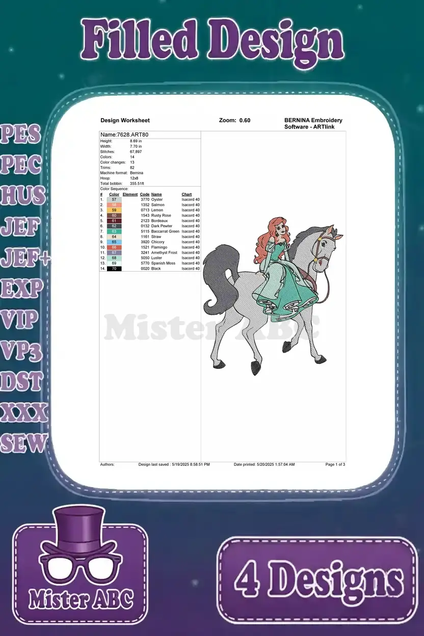 Detailed design worksheet for the third Ariel and horse embroidery, showing stitch count, thread colors, and dimensions.