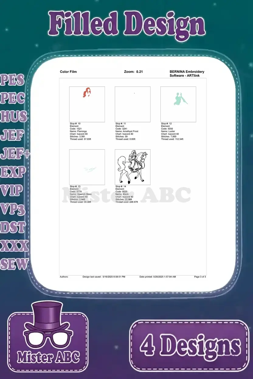 Final color film sequence (page 3 of 3) for the third Ariel and horse design, showing the completion of the embroidery.