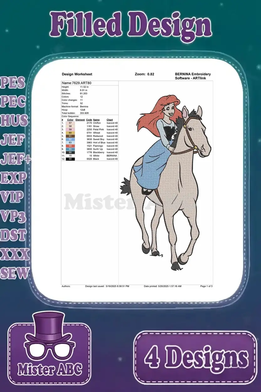 Detailed design worksheet for the fourth Ariel and horse embroidery, showing stitch count, thread colors, and dimensions.