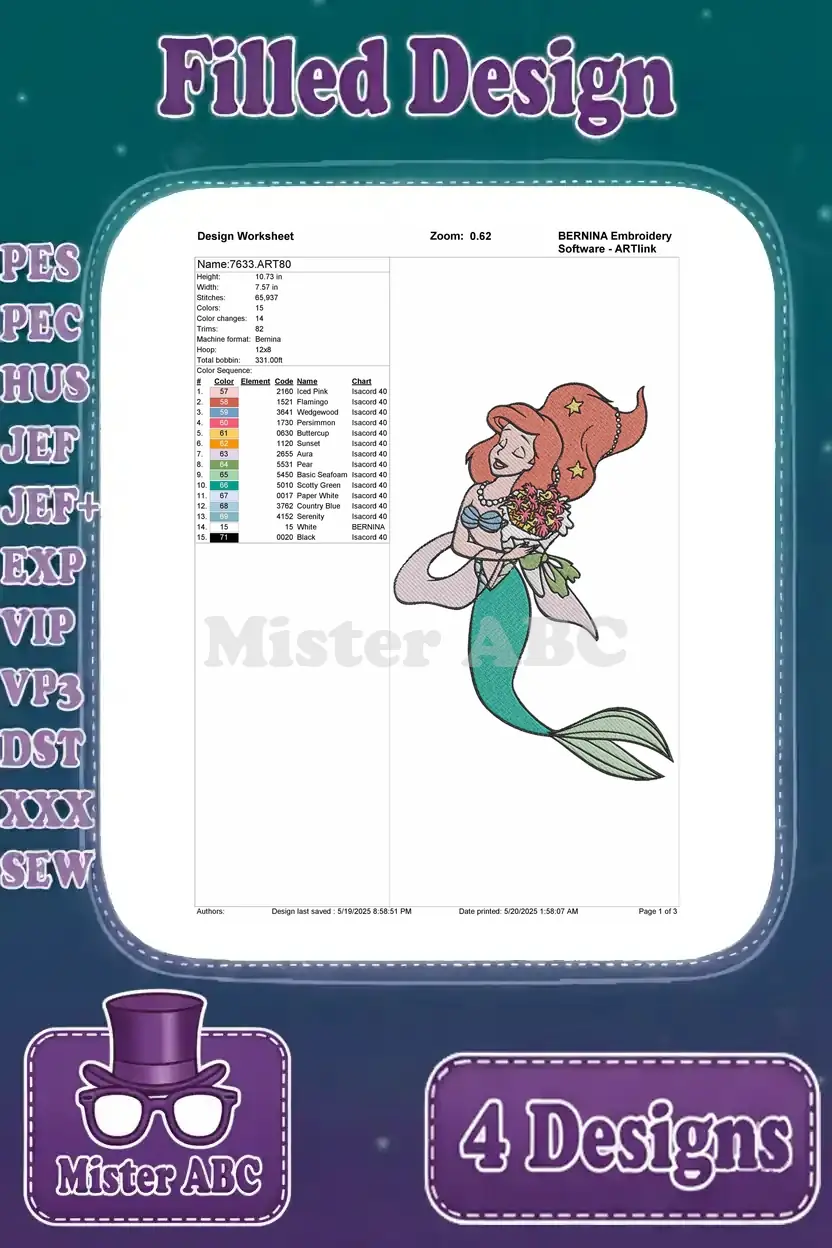 A detailed design worksheet for the Ariel holding flowers embroidery design, with stitch and color data.