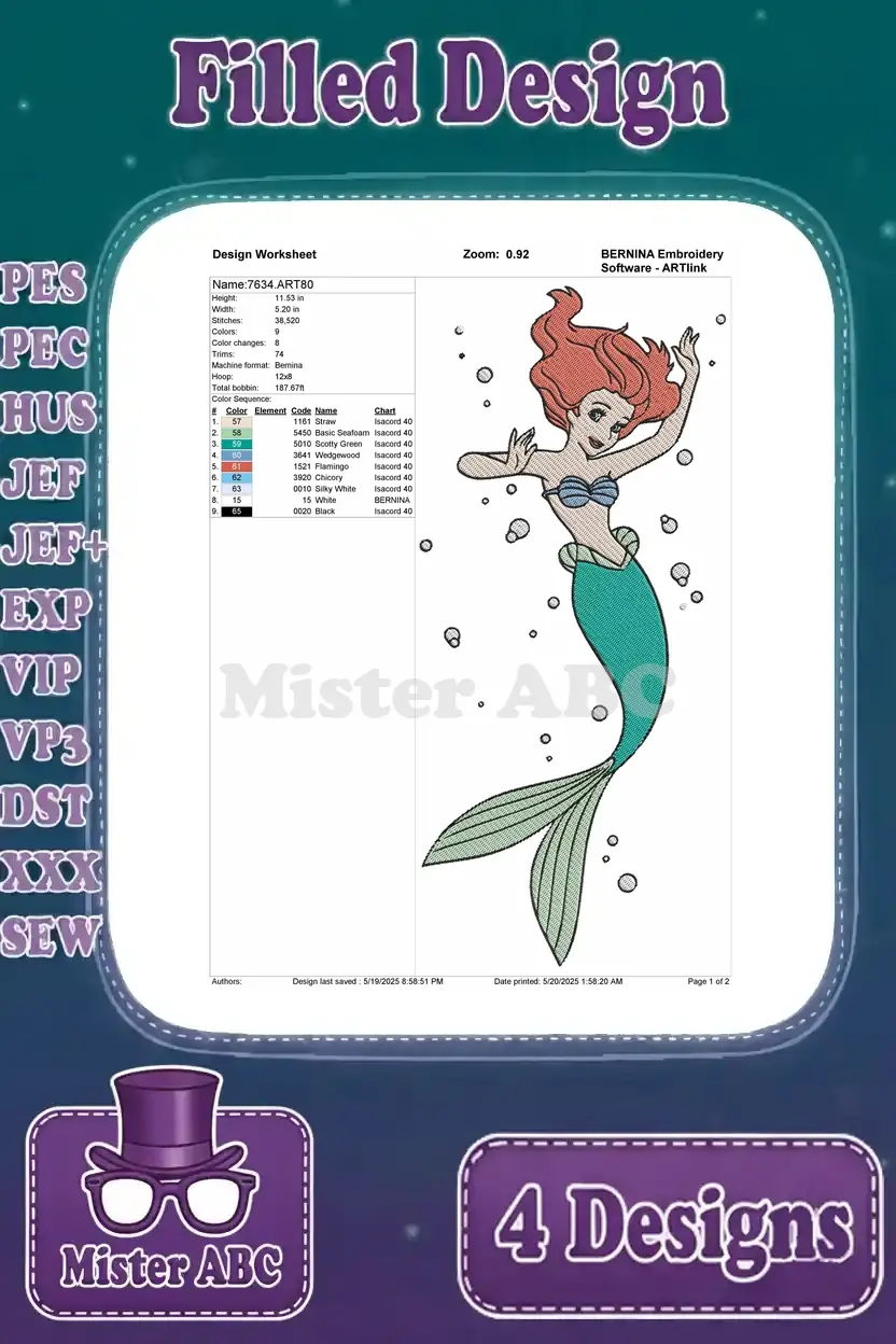 A detailed design worksheet for the swimming Ariel embroidery, displaying stitch counts and color information.