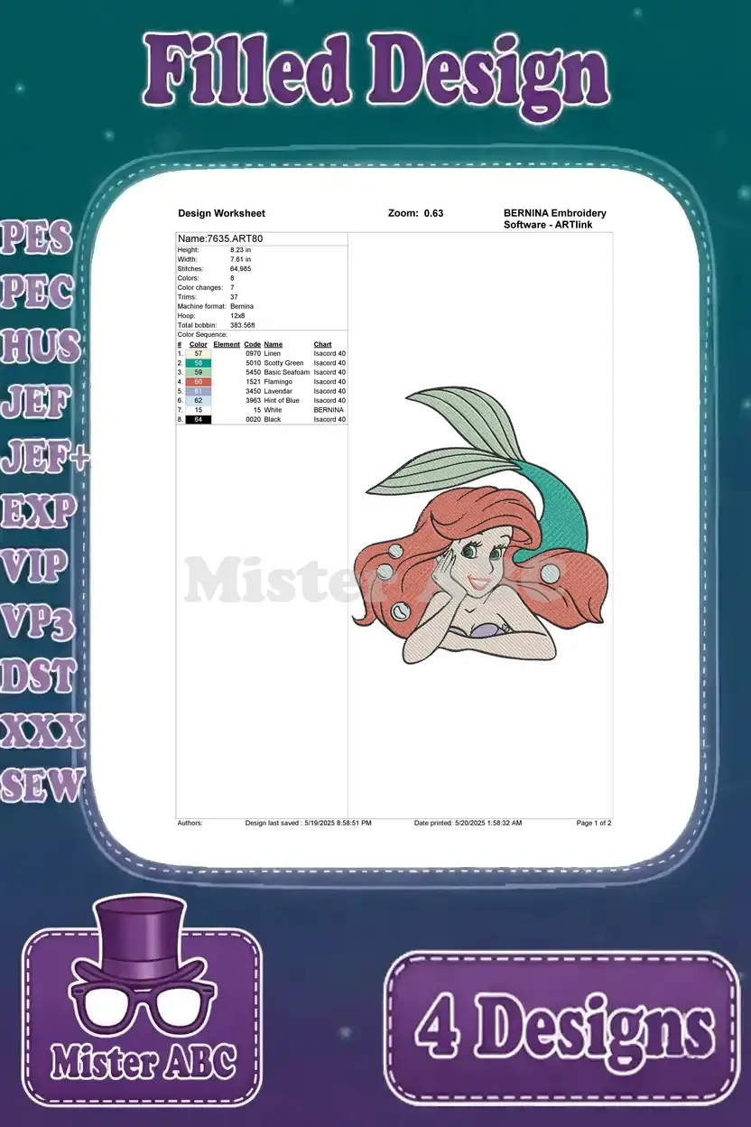 A detailed design worksheet for the thoughtful Ariel embroidery, showing stitch count and color data.