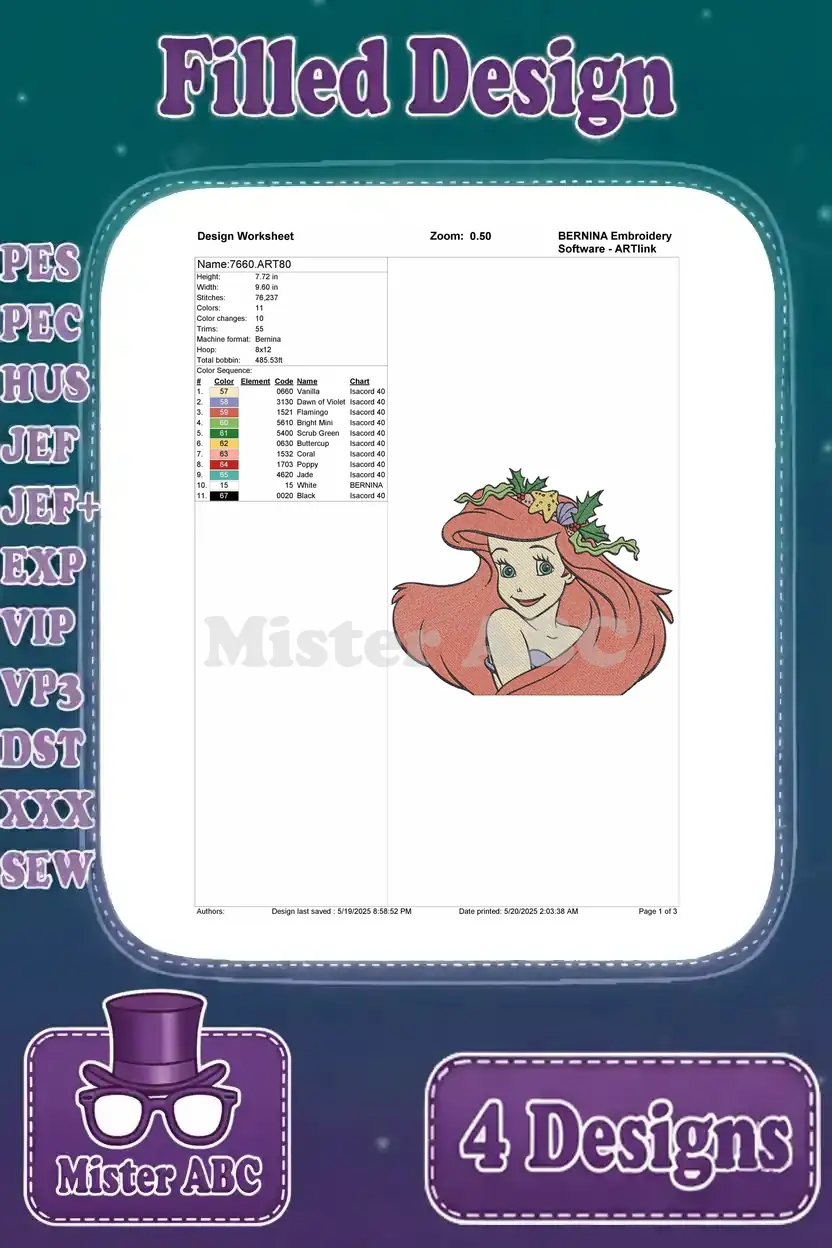 Detailed design worksheet for the first Ariel embroidery, showing stitch count, color changes, and thread chart specifics.