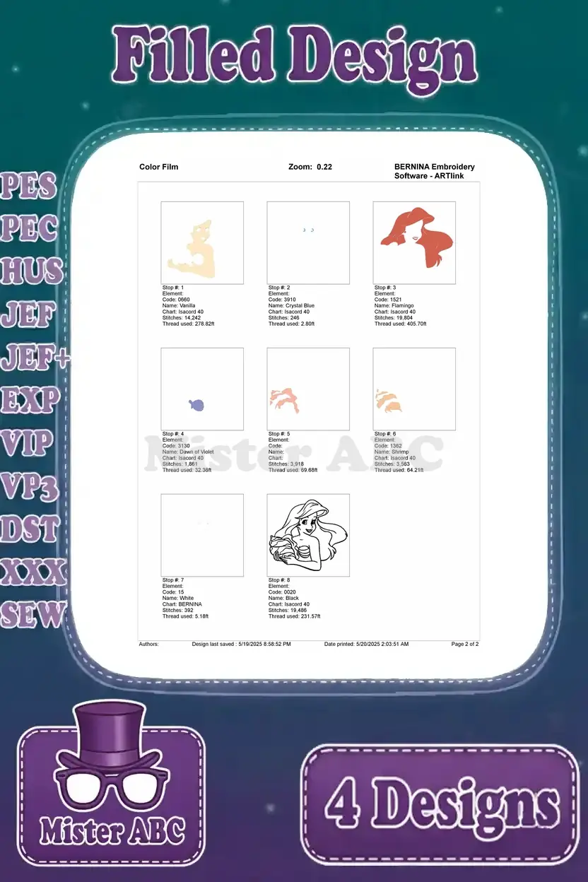Color film breakdown for the second Ariel embroidery design, detailing the sequence of stitch stops and colors.
