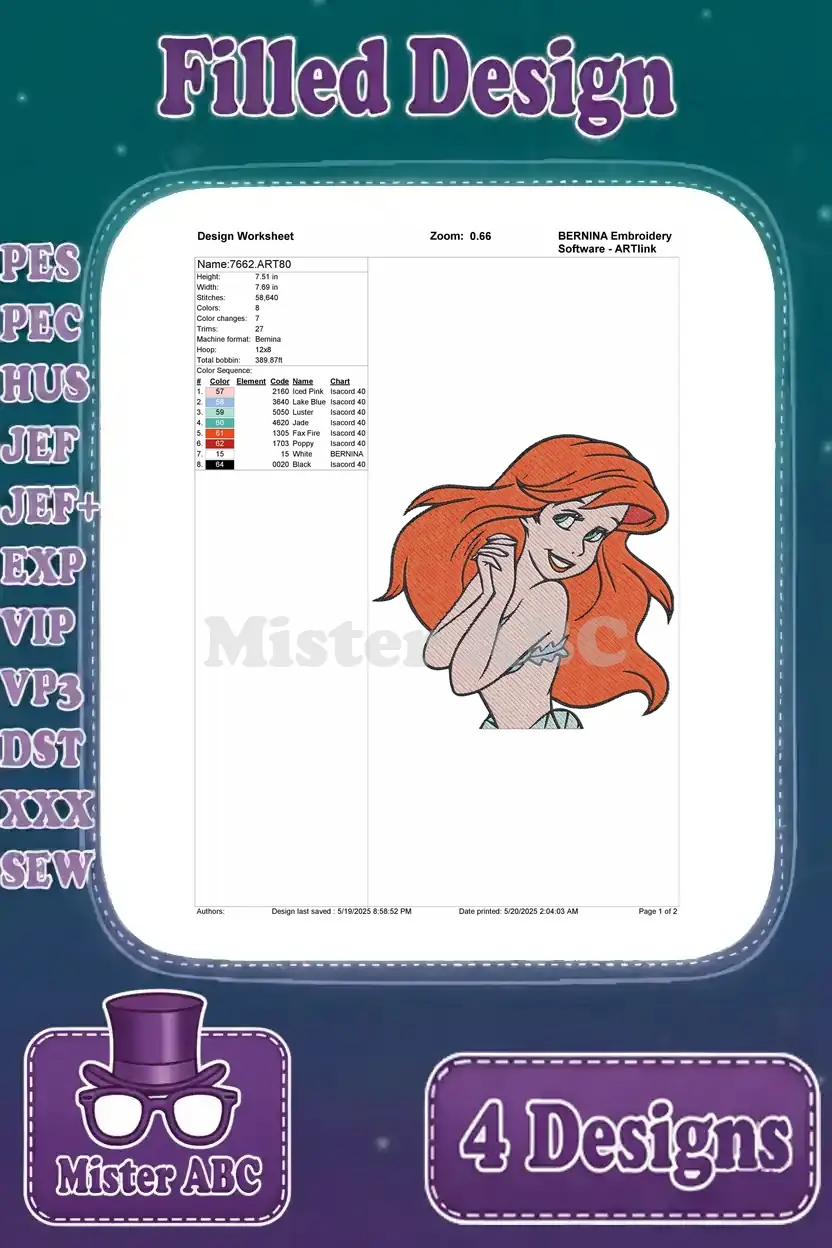 Detailed design worksheet for the third Ariel embroidery, showing stitch count, color changes, and thread chart specifics.