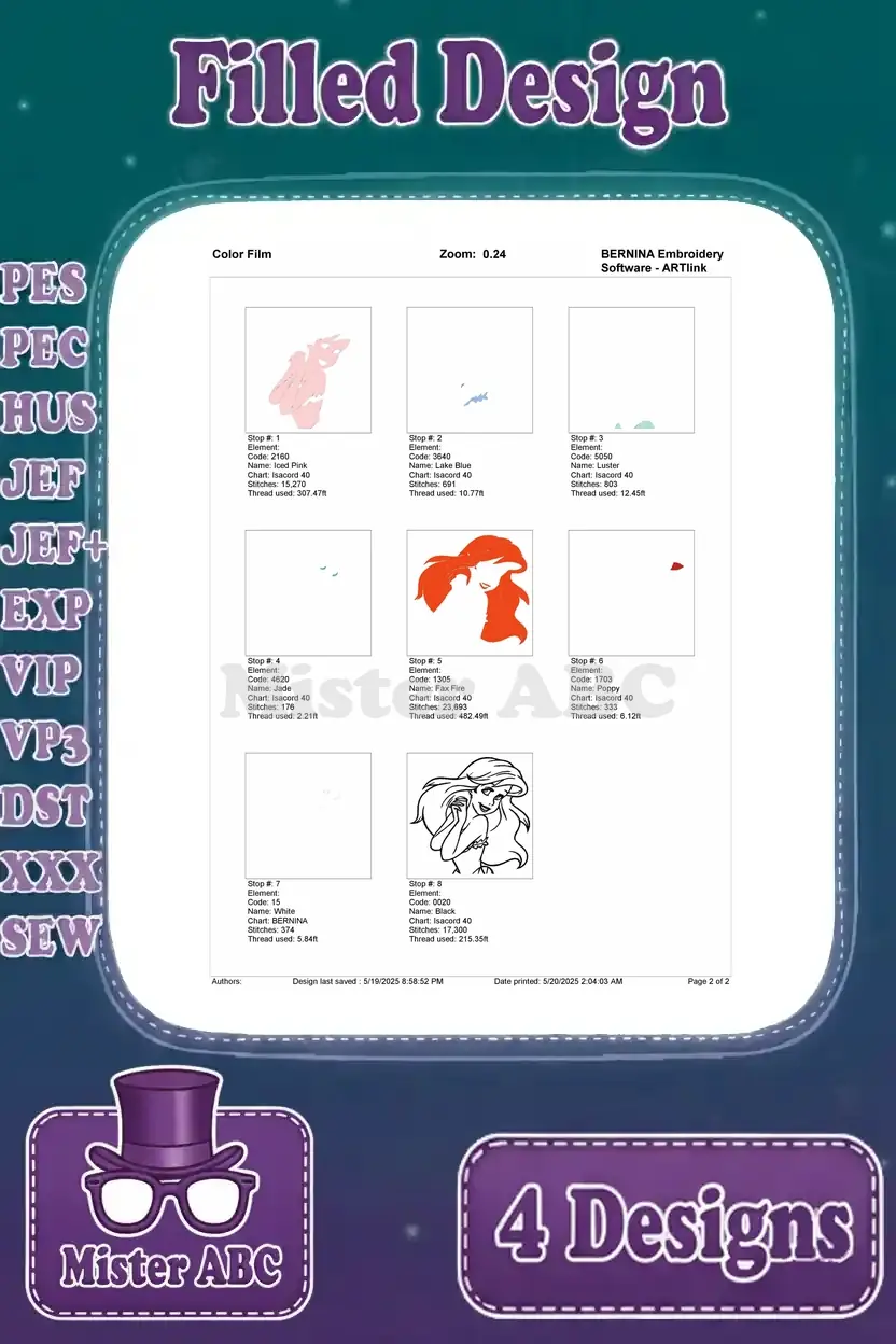 Color film breakdown for the third Ariel embroidery design, detailing the sequence of stitch stops and colors.