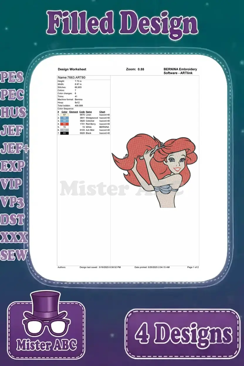 Detailed design worksheet for the fourth Ariel embroidery, showing stitch count, color changes, and thread chart specifics.