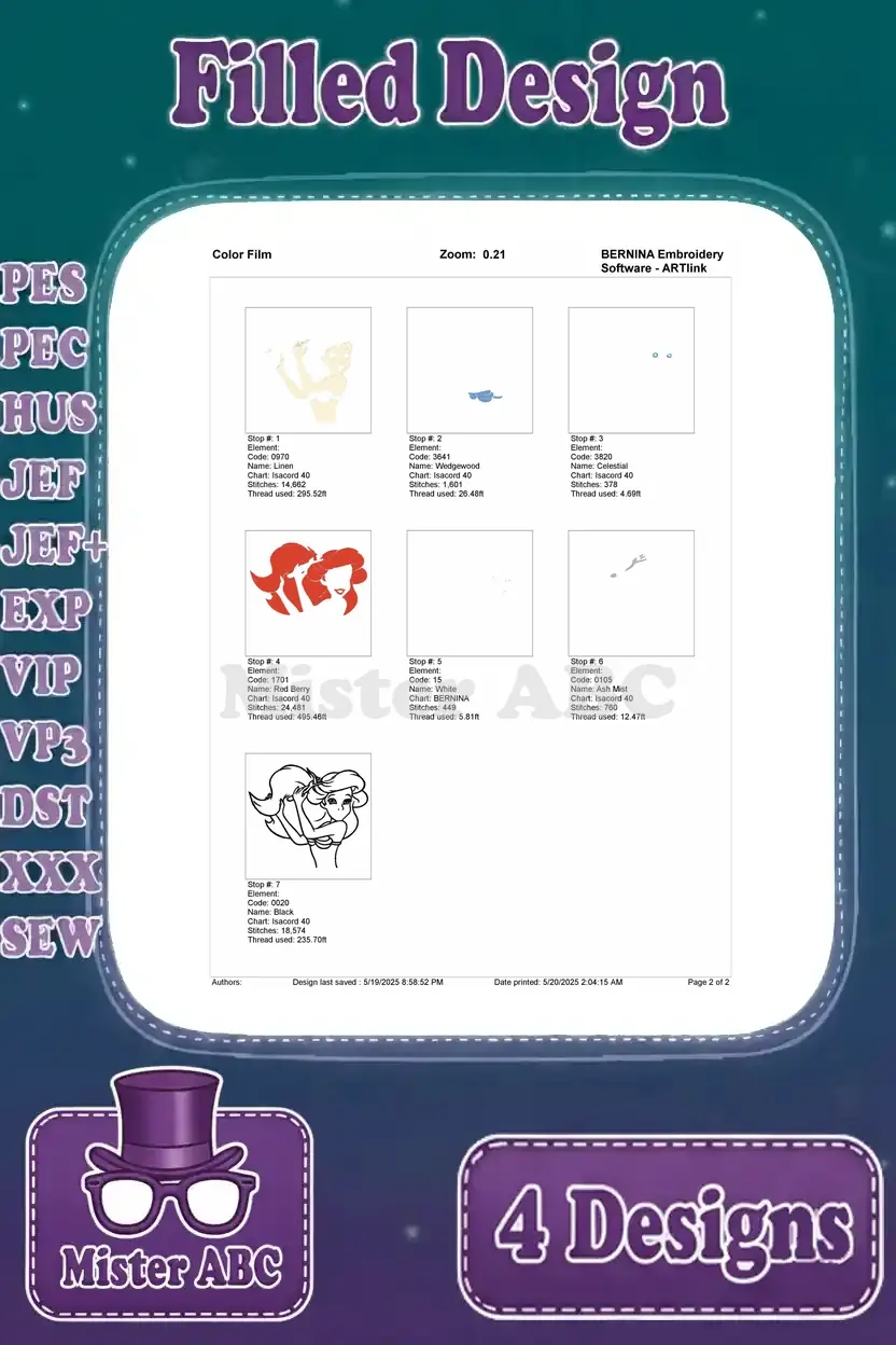 Color film breakdown for the fourth Ariel embroidery design, detailing the sequence of stitch stops and colors.