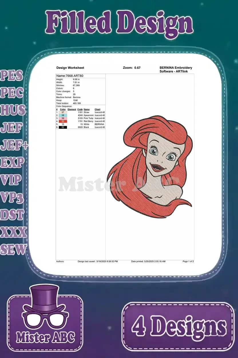 Detailed embroidery worksheet for the first Ariel design, showing stitch count, color sequence, and dimensions.