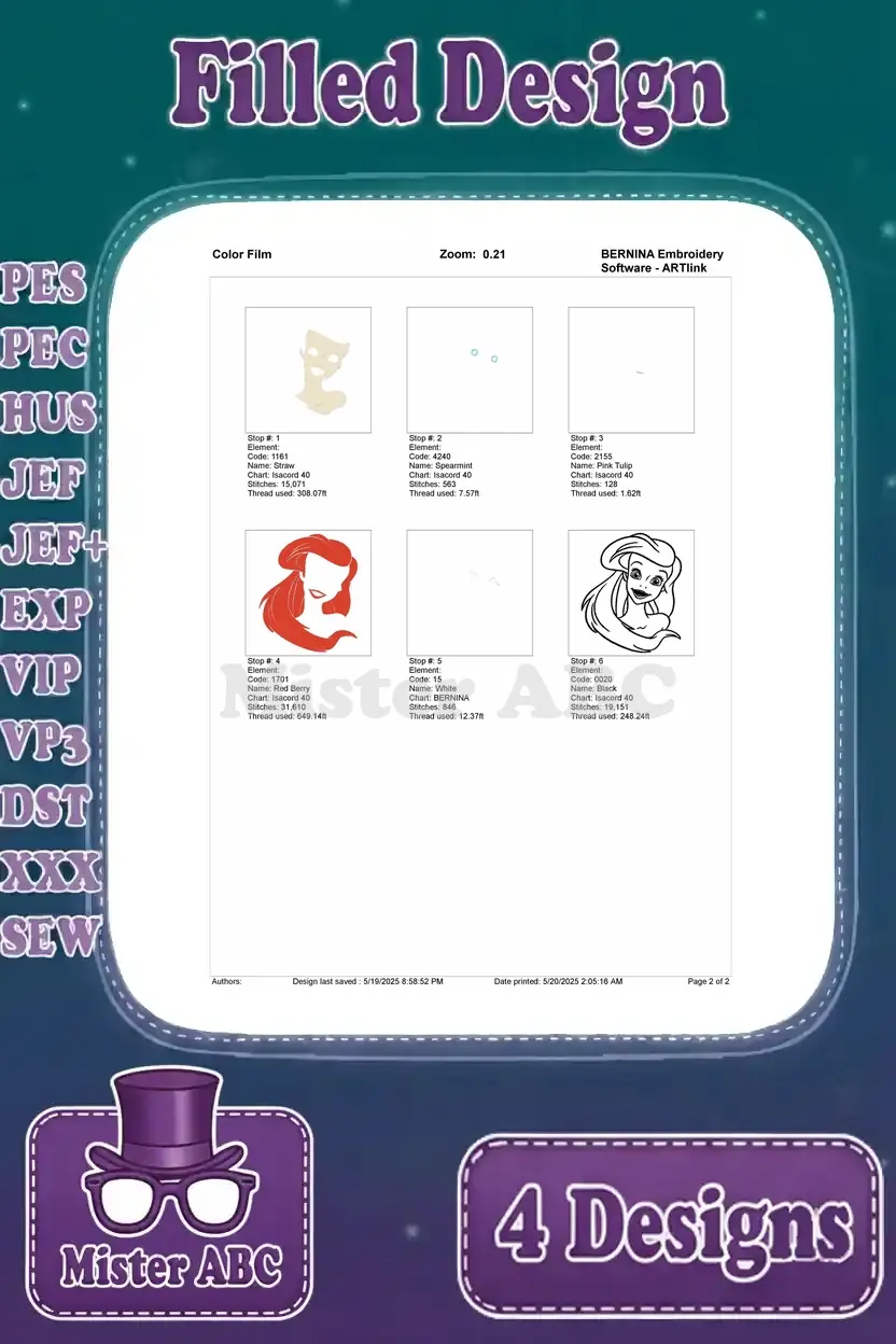 Color film breakdown for the first Ariel embroidery design, illustrating the stitch order for each color layer.