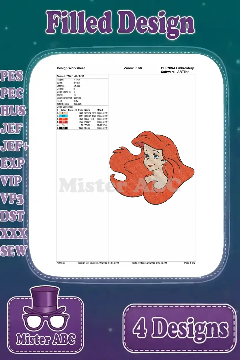 Detailed embroidery worksheet for the third Ariel design, outlining stitch count, color changes, and dimensions.