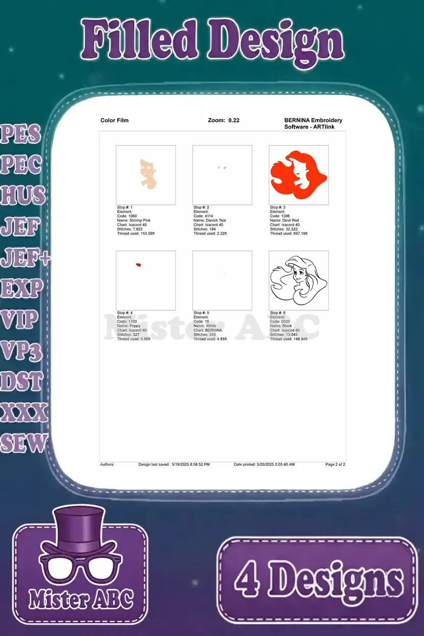 Color film representation for the third Ariel embroidery design, detailing the order of thread application.