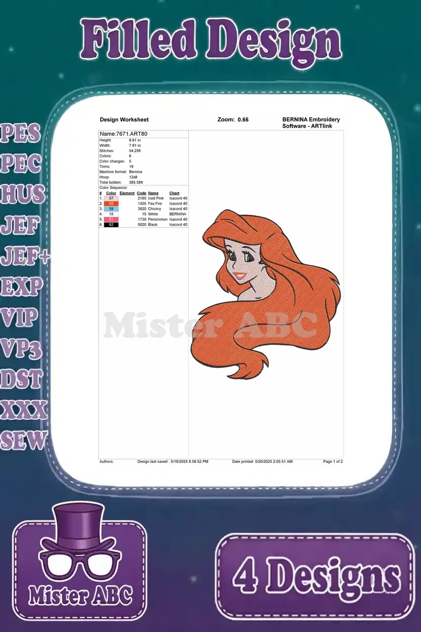 Detailed embroidery worksheet for the fourth Ariel design, specifying stitch count, color changes, and dimensions.