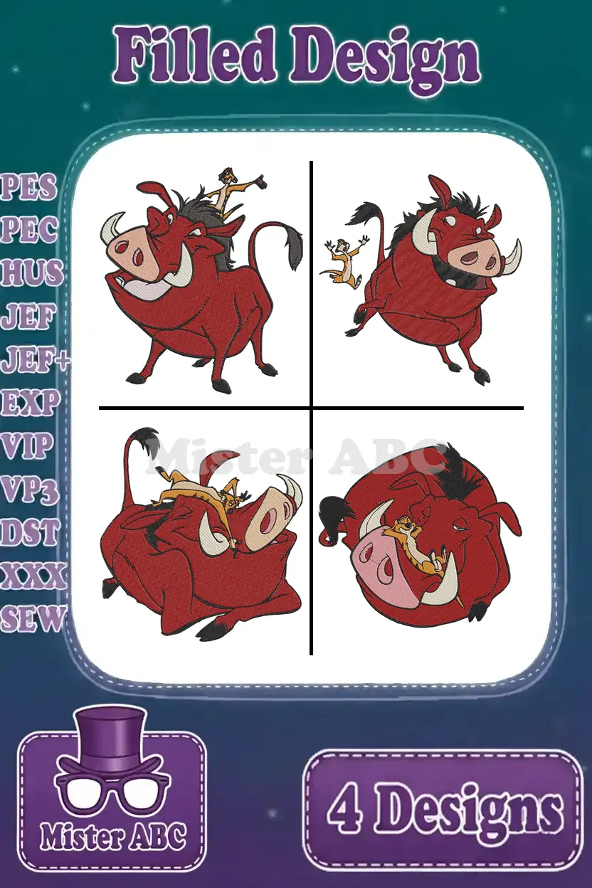 Four vibrant filled embroidery designs of Pumbaa and Timon from Disney's The Lion King, ready for crafting.