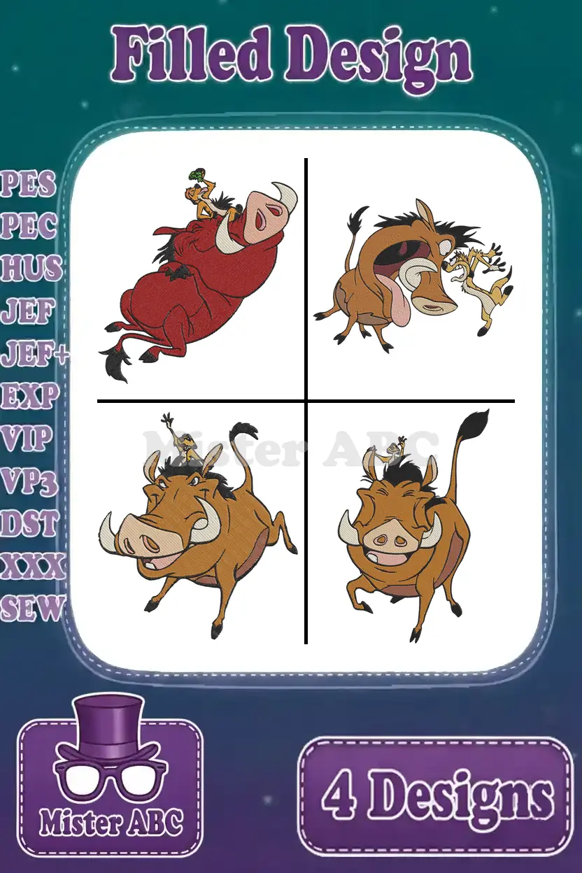 A compilation of four vibrant filled embroidery designs showcasing Pumbaa and Timon in various playful poses, ready for stitching.